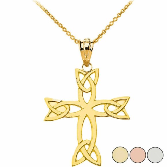 Diamond Gold Claddagh Trinity Knot Celtic Cross Necklace 10k Solid Gold Celtic Trinity Cross Charm Necklace